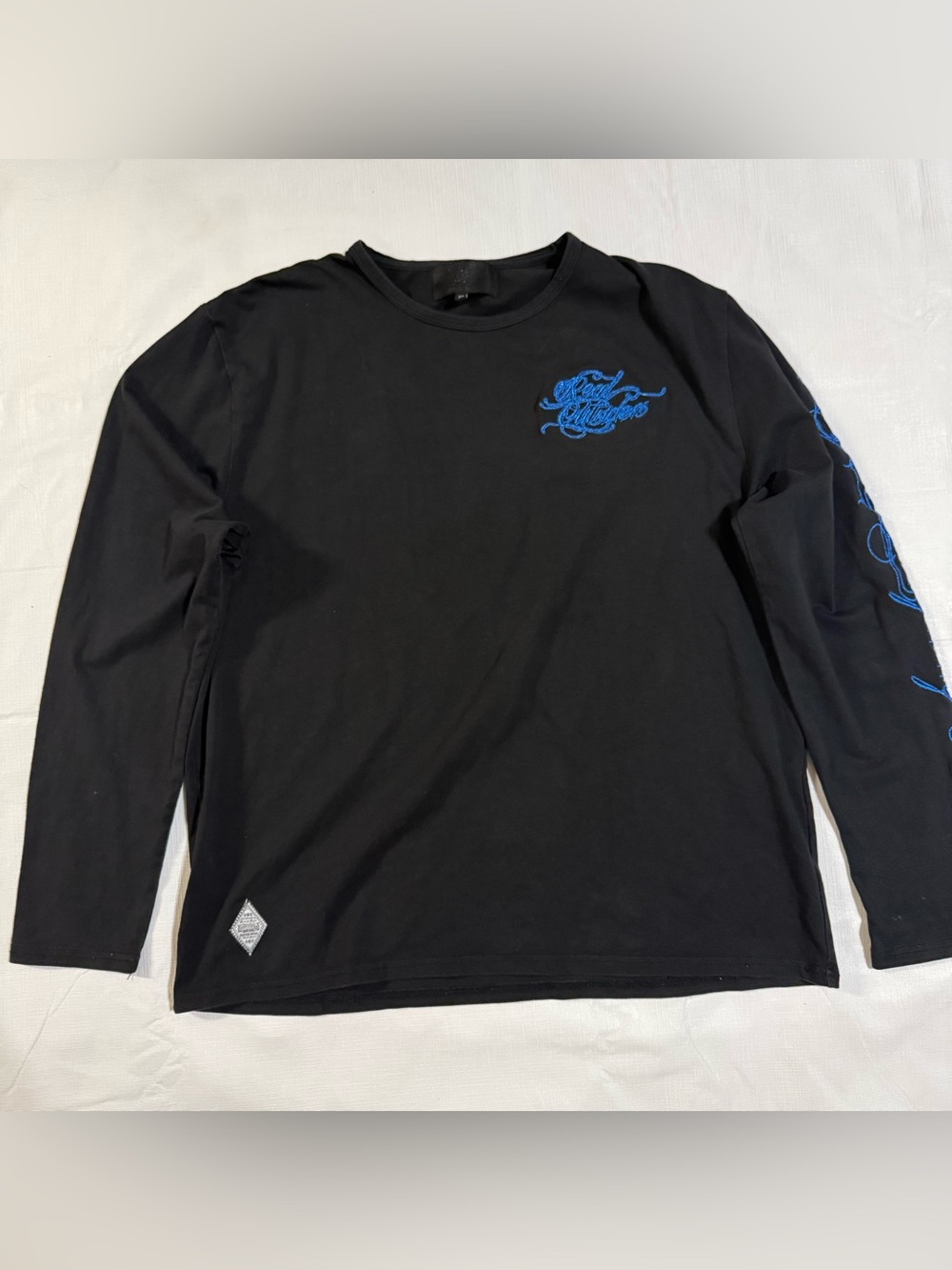 Men's Black Long-Sleeve Tee with Blue Script Embroidery